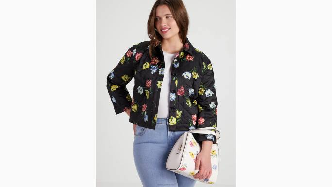 žene Kate Spade crno prošivena postavljena cvjetna jakna odjeća 04HN742