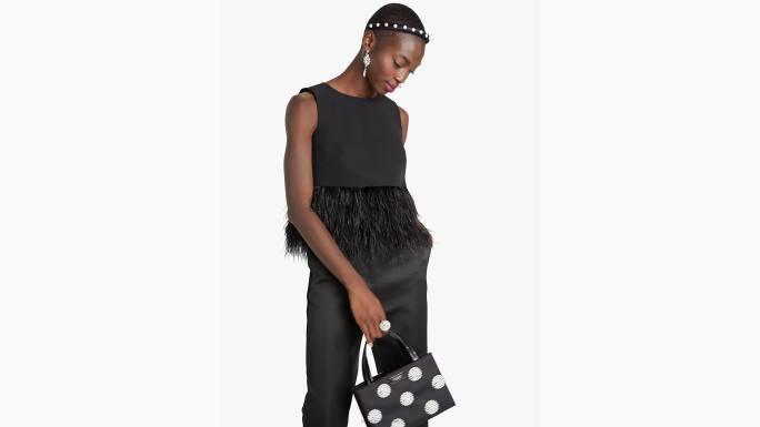 žene Kate Spade crno krep top obrubljen perjem odjeća 04HN865
