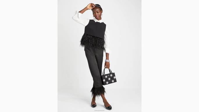 žene Kate Spade crno krep top obrubljen perjem odjeća 04HN865