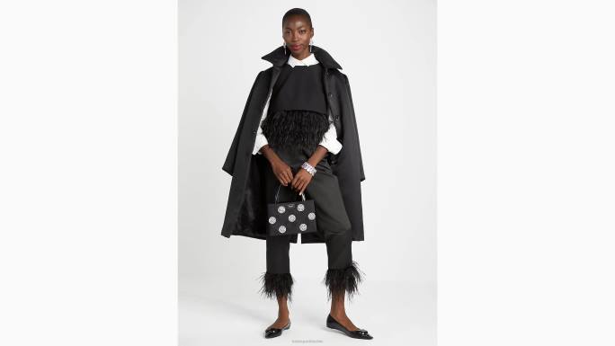 žene Kate Spade crno krep top obrubljen perjem odjeća 04HN865