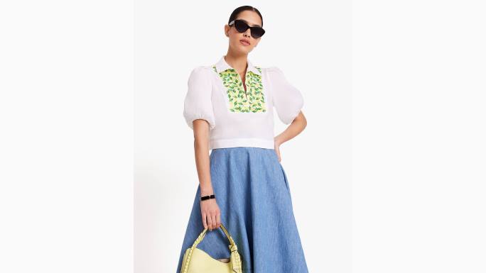 žene Kate Spade svježe bijelo izvezeni gornji dio s puf rukavima u boji limuna odjeća 04HN716