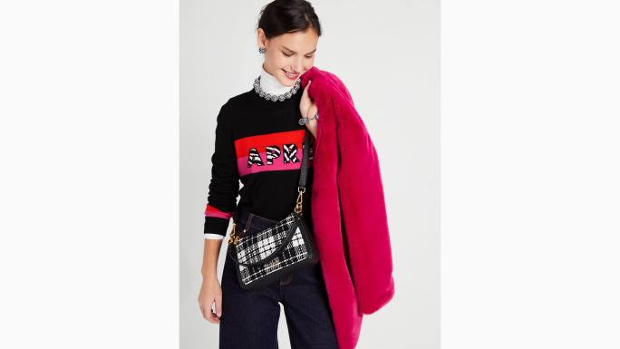 žene Kate Spade crni multi hudson posh plaid jacquard srednji kabriolet crossbody pribor 04HN328