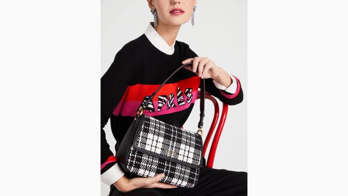 žene Kate Spade crni multi hudson posh plaid jacquard srednje preklopna torba na rame pribor 04HN337