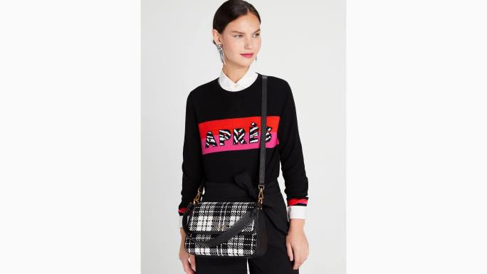 žene Kate Spade crni multi hudson posh plaid jacquard srednje preklopna torba na rame pribor 04HN337