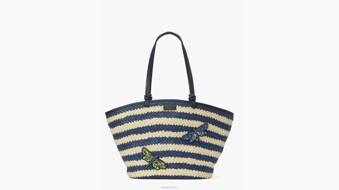 žene Kate Spade blejzer plavi multi shore stvar ukrašena prugastom slamnatom velikom torbicom pribor 04HN303