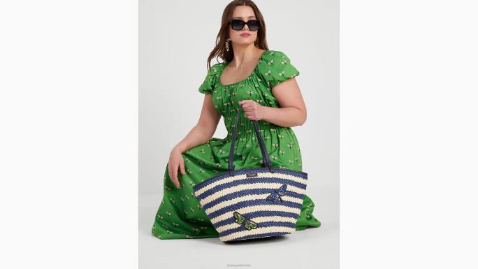 žene Kate Spade blejzer plavi multi shore stvar ukrašena prugastom slamnatom velikom torbicom pribor 04HN303