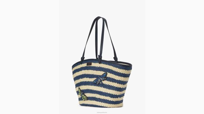 žene Kate Spade blejzer plavi multi shore stvar ukrašena prugastom slamnatom velikom torbicom pribor 04HN303