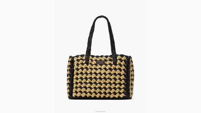 žene Kate Spade crni multi visoka plima prugasta heklana torba srednje veličine od rafije pribor 04HN10