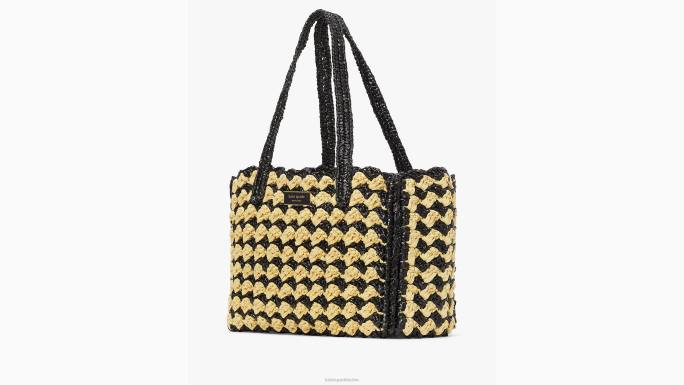 žene Kate Spade crni multi visoka plima prugasta heklana torba srednje veličine od rafije pribor 04HN10