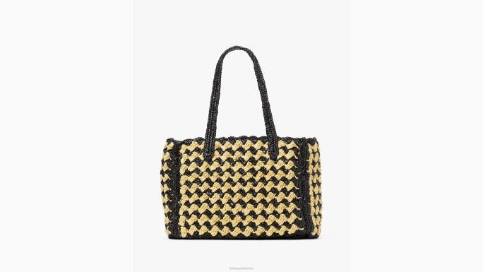 žene Kate Spade crni multi visoka plima prugasta heklana torba srednje veličine od rafije pribor 04HN10