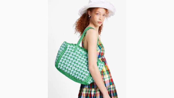 žene Kate Spade svježe zelje multi visoka plima prugasta heklana torba srednje veličine od rafije pribor 04HN11